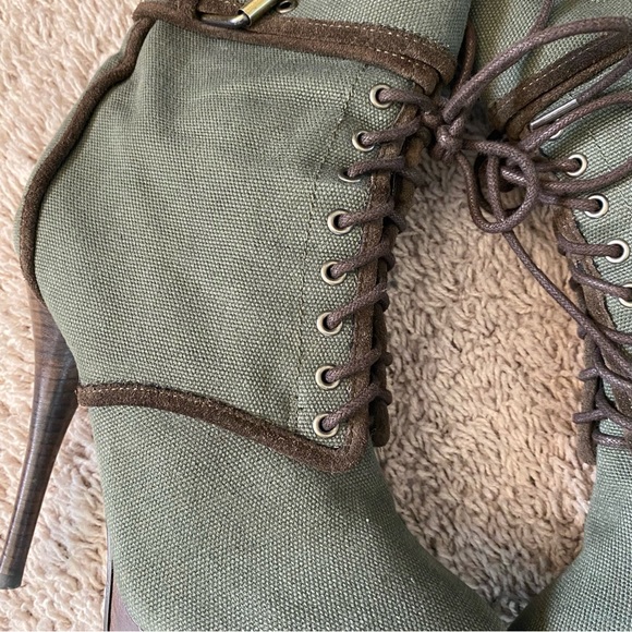 Army Green Platform High Heel Lace Up Booties, Size 7 - Picture 6 of 15